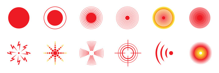 Pain location symbol set. Red vector pain location signs. Pain point icon collection. Red mark painful target symbol
