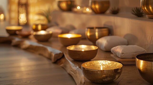 Luxurious spa experience with a focus on sound therapy, featuring crystal singing bowls and soft ambient lighting for ultimate relaxation