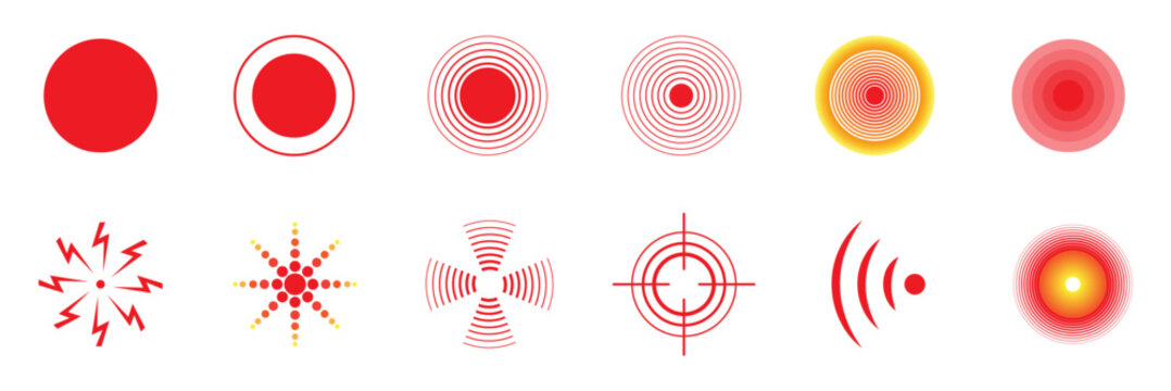 Pain location symbol set. Red vector pain location signs. Pain point icon collection. Red mark painful target symbol