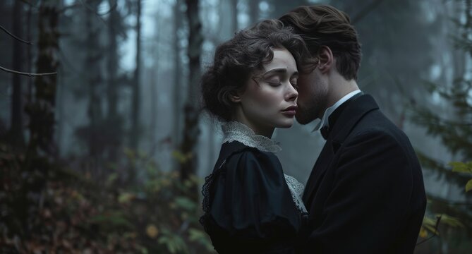 Man embracing woman from behind. With copy space. Young historical couple embracing in love.