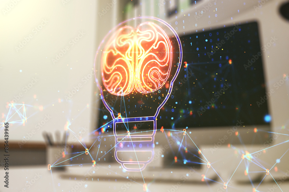 Fototapete creative light bulb with human brain hologram and modern desk with computer on background, artificia