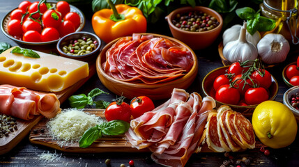 Delicious italian appetizers featuring cured meats, cheese, vegetables and spices