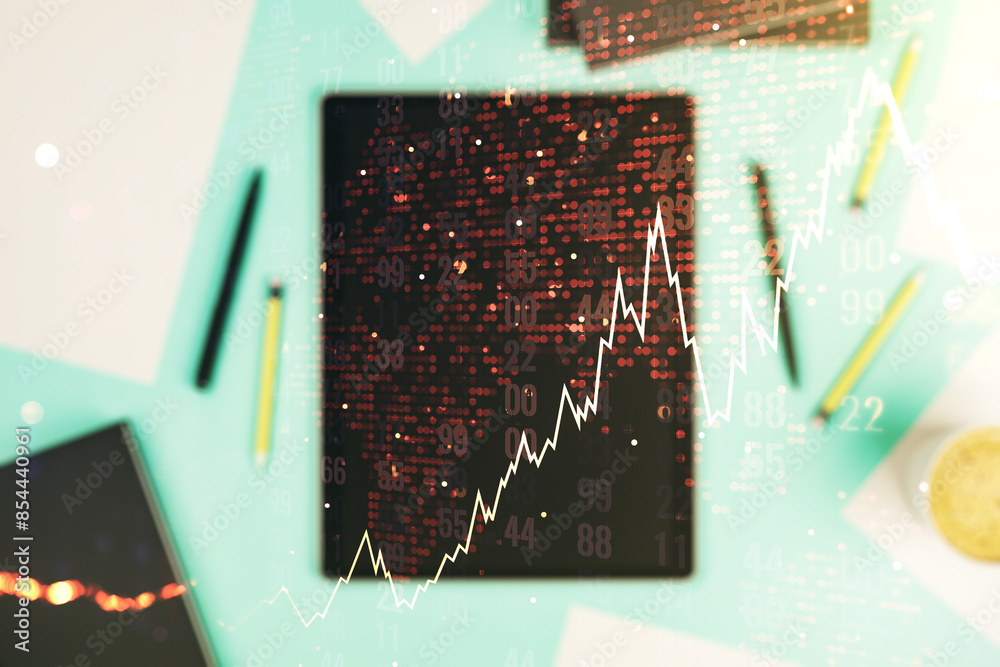 Poster multi exposure of abstract financial diagram with world map and modern digital tablet on background,