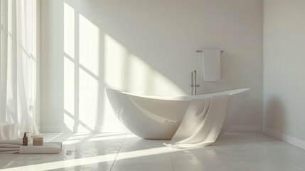 A modern bathroom features a white bathtub, white towels, and a window that allows sunlight to stream in, creating a bright and airy atmosphere.