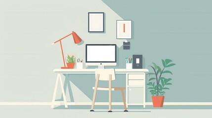 A minimalist home office workspace with a computer, a lamp, and a plant on the desk.