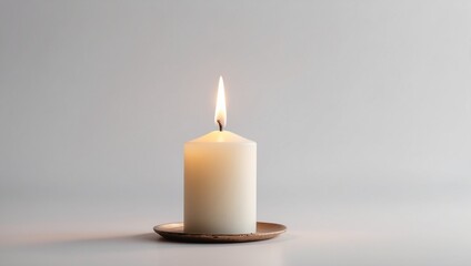 A single white candle is burning on a minimalist background. The candle is positioned on a small, round, copper-colored plate, copy space
