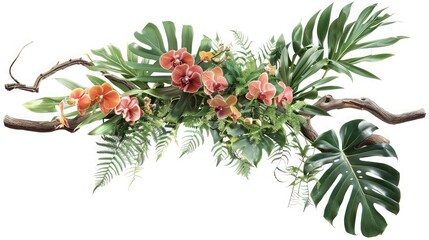 Floral arrangement with tropical leaves and orchids,Tropical flower decor on tree branch on white background,,Flower arrangement with orchids and palm leaves on white background,Floral arrangement 
