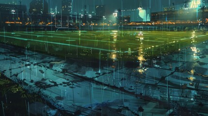 football field in the rain, with puddles and reflections adding to the atmosphere.