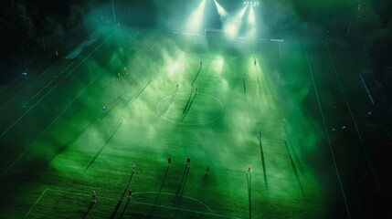 football field in the rain, with puddles and reflections adding to the atmosphere.