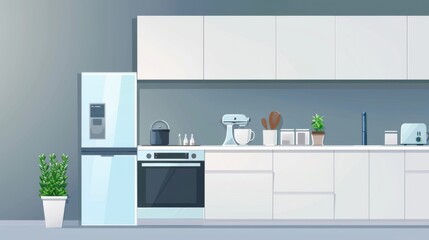 A cartoon illustration depicting a modern kitchen interior featuring white cabinets, appliances, and a potted plant.