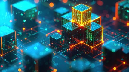 A digital illustration of interconnected blocks and lines, representing blockchain technology and data networks, set against a bright blue background with a futuristic feel.
