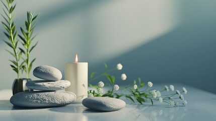 Artistic depiction of a serene spa setup with a lit candle, massage stones, and fresh herbs, arranged neatly on a minimalist background