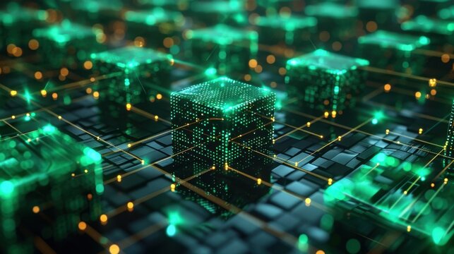 A glimpse into the future reveals a digital network: luminous green blocks connected by radiant lines, symbolizing the revolutionary impact of blockchain technology on decentralized data systems.
