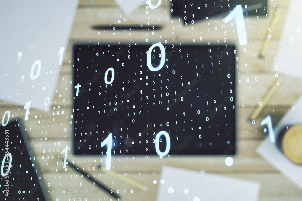 Fototapete double exposure of creative abstract binary code hologram and digital tablet on background, top view
