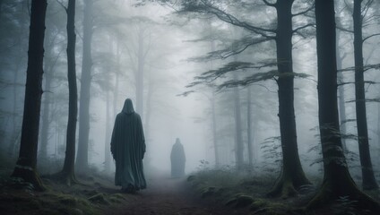 A shadowy figure in a hooded robe walks along a forest path shrouded in thick fog, halloween mood