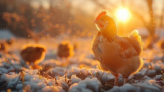 Chickens in a snowy field during sunrise, with beautiful warm light illuminating the scene, creating a serene and picturesque winter moment.