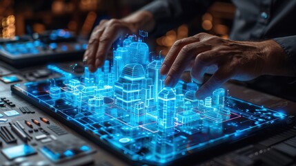 Fototapeta premium A person interacts with a digital, holographic cityscape model on a touchscreen, representing advanced urban planning and futuristic technology. The blue glow highlights innovation and modern design 