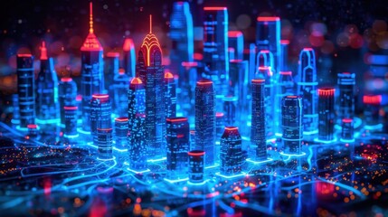 Fototapeta premium A futuristic holographic cityscape map, bathed in shades of blue, reveals advanced urban planning and technology. The glowing grid illuminates smart city infrastructure, showcasing innovation. 