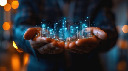 A businessman in a suit holds a glowing holographic city model, showcasing modern urban planning and futuristic design with blue-lit buildings symbolizing innovation.

