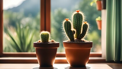cactus in a brown pot near the window with a beautiful summer scenery.