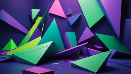 abstract background with a pastel indigo base. Scattered across the canvas are a variety of neon green, purple, and pink triangles