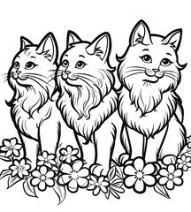 Fototapeta premium Three cats are sitting in a field of flowers. The cats are all different colors and sizes, but they all have long fur. The scene is peaceful