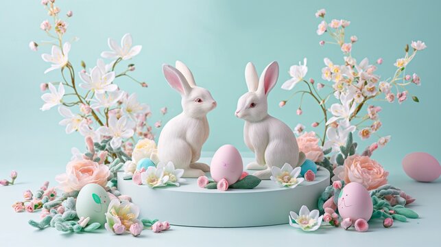 
A charming Easter setup with cute bunnies, colorful eggs, and spring flowers arranged around a round platform, set against a soft pastel background, perfect for a festive and cheerful display.