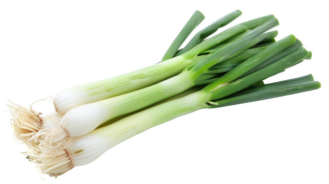High-definition image of green leeks on a white background, perfect for artistic and vibrant food designs.