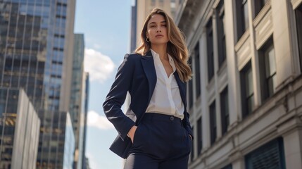 Fototapeta premium A woman in a tailored navy blue suit, with a white blouse and black stilettos, standing in an urban cityscape, projecting confidence and modern style.