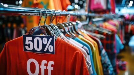 Fashion sale rack with 50 percent off sign showcasing discounted items in bright and engaging setting