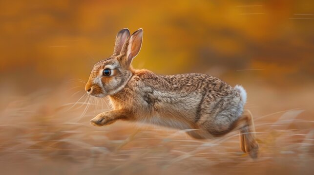 A rabbit darting through a meadow, Energized rabbit in motion