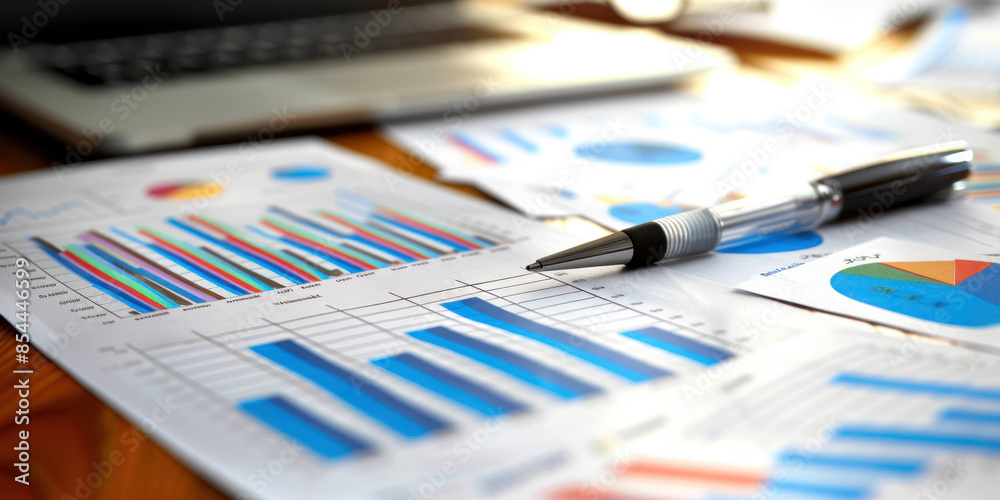 Poster Productive Workspace with Business Documents and Graphs Scattered on Table