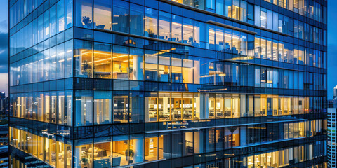 Obraz premium Modern High-rise Office Building Exterior with Reflective Windows in Urban Cityscape