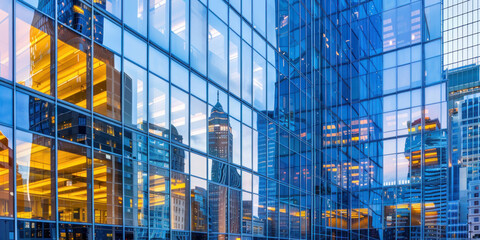 Obraz premium Modern High-Rise Office Building Glowing with Reflective Windows in Urban Landscape
