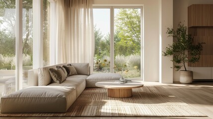 Fototapeta premium A contemporary living room featuring a beige sectional sofa, a large window overlooking a lush garden, and a wooden coffee table on a woven rug.