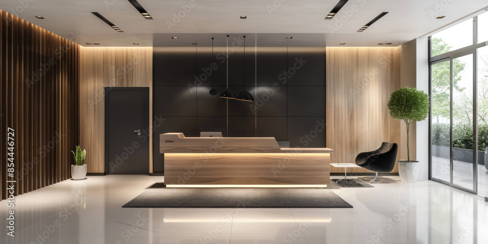 Poster sleek and modern reception area with chic desk and comfortable seating