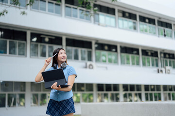 Young Student Holding Laptop and Thinking Outside Modern School Building on a Bright Day