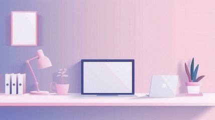A clean, minimalist workspace with a laptop, a desk lamp, and a potted plant on a white shelf against a soft purple and pink background.