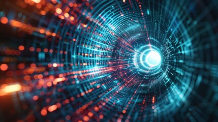 Obraz premium Futuristic Digital Tunnel with Glowing Lights and Data Transfer Concept, Sci-Fi Portal and Energy Flow in Space for Digital Technology Design. Abstract Illustration of High-Tech Background
