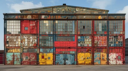 Graffiti artwork covers a derelict industrial building, transforming it into a canvas of bold statements and artistic flair. The graffiti spans windows and doors, blending edgy characters with