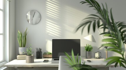 Fototapeta premium A sleek and modern home office space bathed in soft natural light, featuring a laptop, plants, and a minimalist design aesthetic.