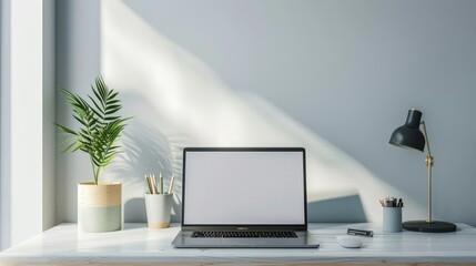 Obraz premium A clean and modern workspace featuring a laptop, a potted plant, a desk lamp, and pencils, all bathed in natural sunlight.