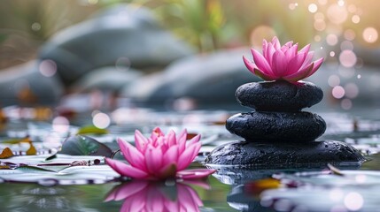 Zen stones and pink lotus flowers, peaceful scene with soft nature background, isolated, studio lighting