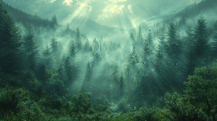 Obraz premium A serene mist blankets a tranquil forest at dawn, casting a soft glow on towering evergreens. Sunlight filters through the dense foliage, creating ethereal rays amidst the mist. Birds chirp softly in