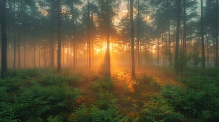 Obraz premium Early morning fog envelops a mystical woodland, where trees stand silhouetted against the emerging light of daybreak. The forest floor is carpeted with dew-laden ferns and moss, glistening in the