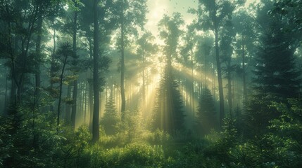 Fototapeta premium A serene mist blankets a tranquil forest at dawn, casting a soft glow on towering evergreens. Sunlight filters through the dense foliage, creating ethereal rays amidst the mist. Birds chirp softly in
