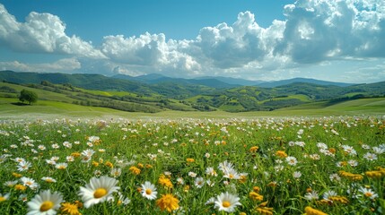 Fototapeta premium Rolling hills in their spring glory, featuring a harmonious blend of green meadows and vibrant wildflowers under a clear, expansive sky. The natural contours and colors create a serene backdrop that