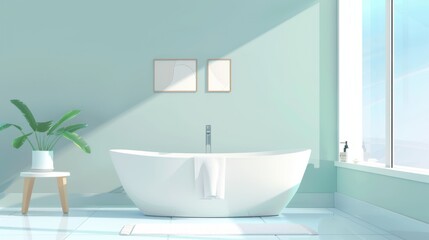 Fototapeta premium A minimalist bathroom features a white freestanding tub, a green plant on a stool, and two framed abstract prints, creating a serene and stylish atmosphere.