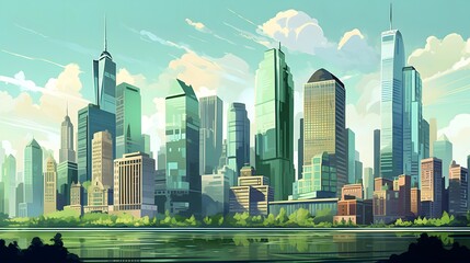 Chicago city panorama with skyscrapers and lake. Vector illustration