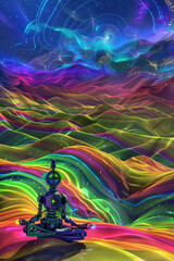 Naklejka premium Robot Meditation in Neon Desert Landscape